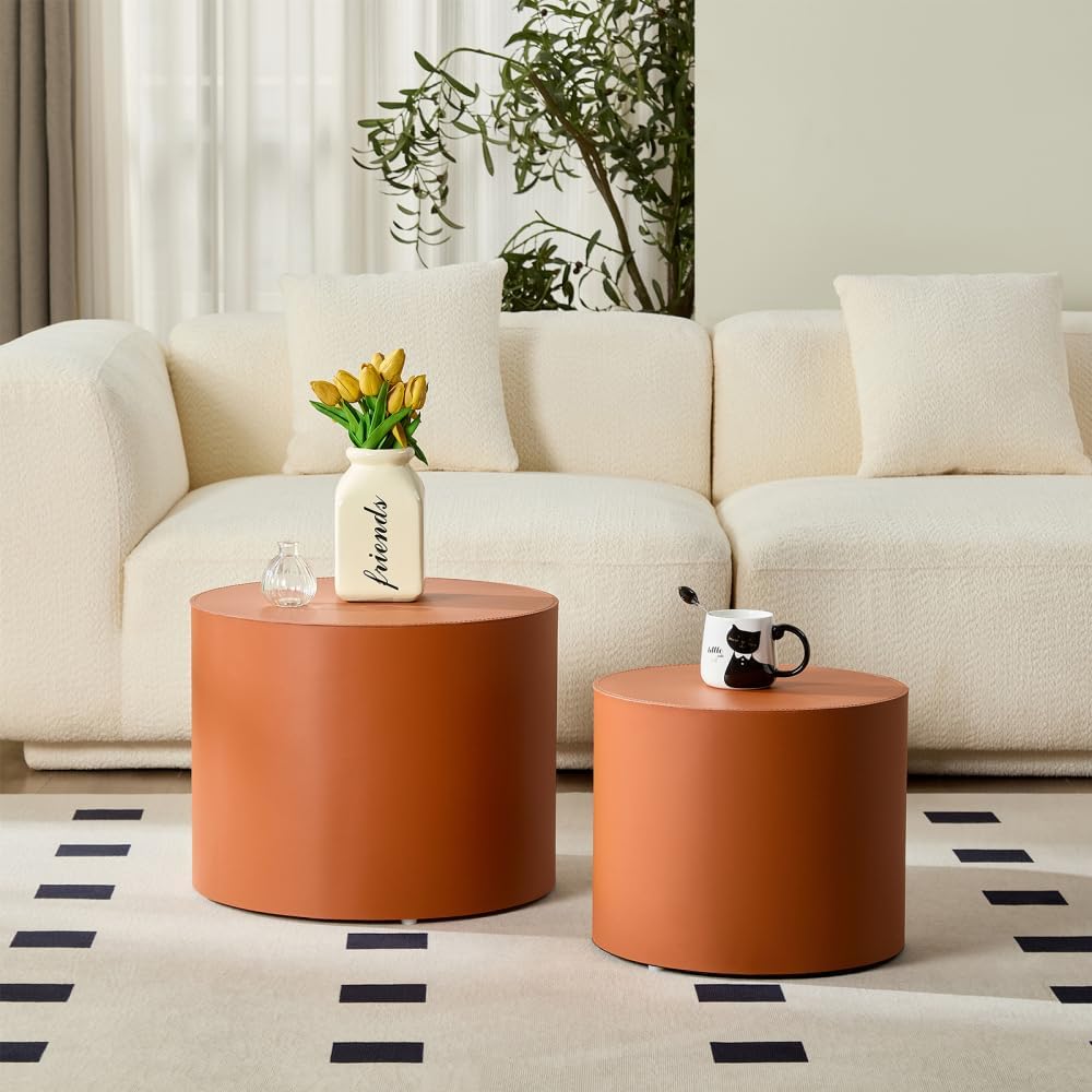 Nested Table Set 2 Pieces, MDF Coffee Table Set Living Room/Lounge Area (Orange + MDF + Round)