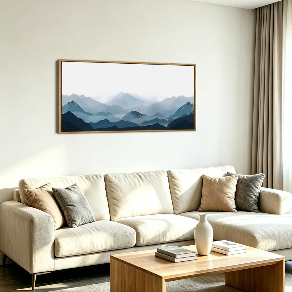 Blue Framed Mountain Landscape Wall Art Fog Mountain Painting Wall Decor for ...