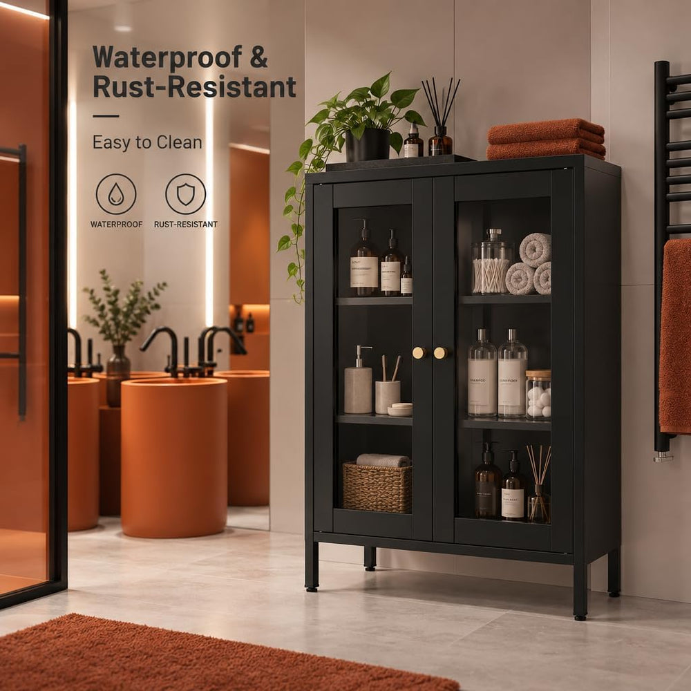 Black Metal Bathroom Glass Storage Cabinet, 2 Doors