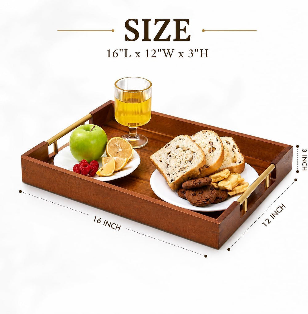 Acacia Wood Serving Tray with Gold Handles – Coffee Table & Ottoman Tray