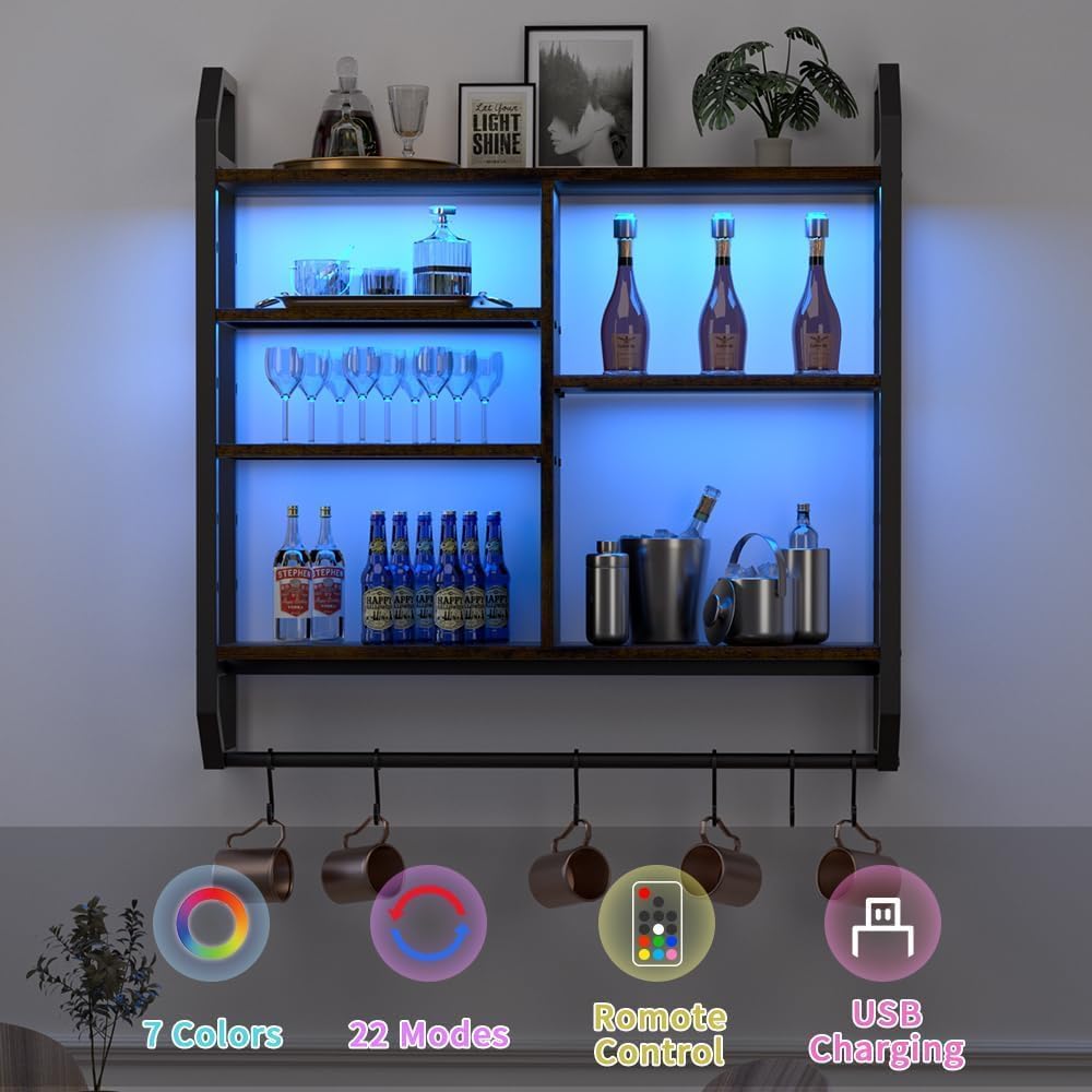 34 Inch Gaming Shelf, 6-Tier with LED Floating Shelf for Wall