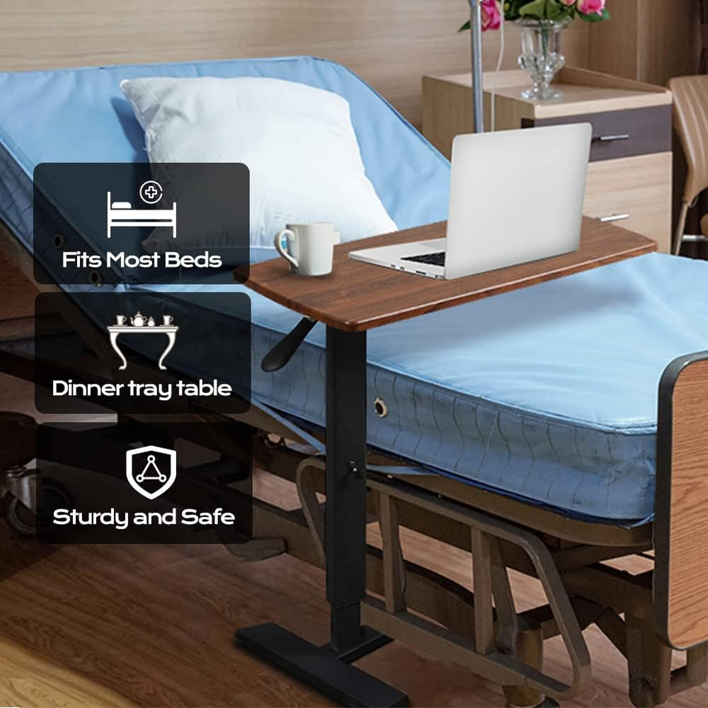 Over Bed Table Pneumatic Adjustable Height Stand Desk with Hidden Wheels USB ...