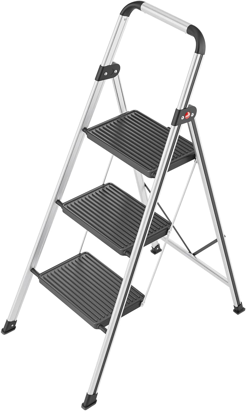 K71 Step Stool Black/Silver– 3-Step Folding Ladder with Aluminum Frame