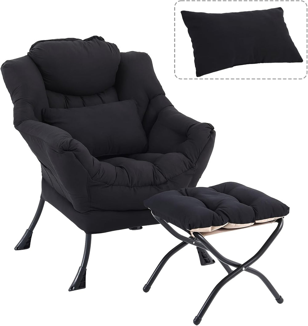 Lazy Chair with Ottoman, Comfy Chair with Pillow， Black