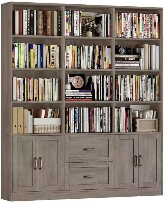 HOSTACK 71" Tall Triple Wide Bookshelf with Storage Drawers & Doors, Grey