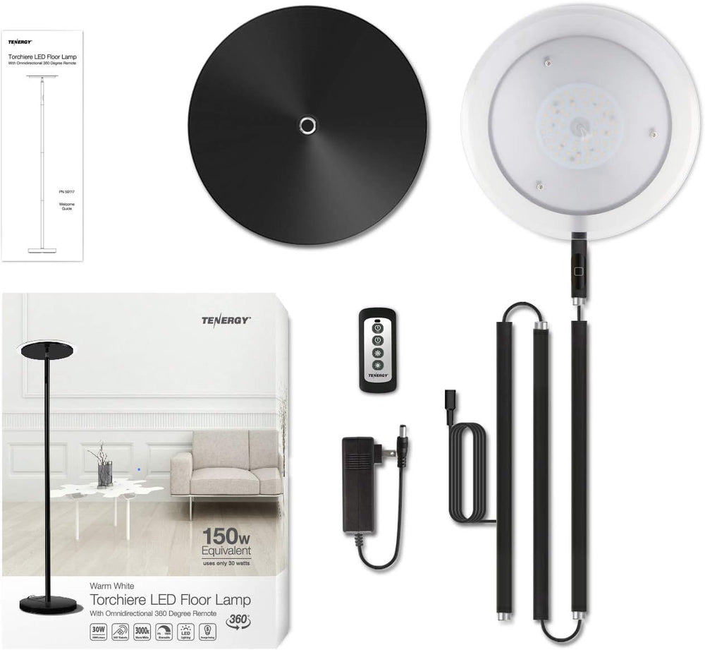 Tenergy Torchiere Dimmable LED Floor Lamp, Remote Controlled 30W (150W Equiva...