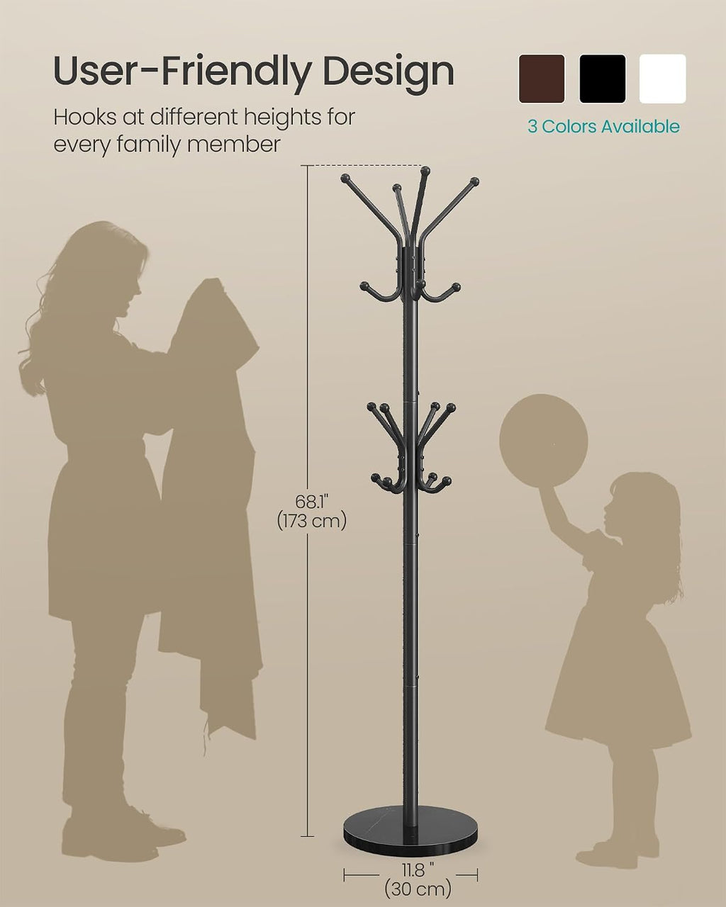 SONGMICS Freestanding Coat Rack, 16 Hooks, Steel Coat Tree with Marble Base