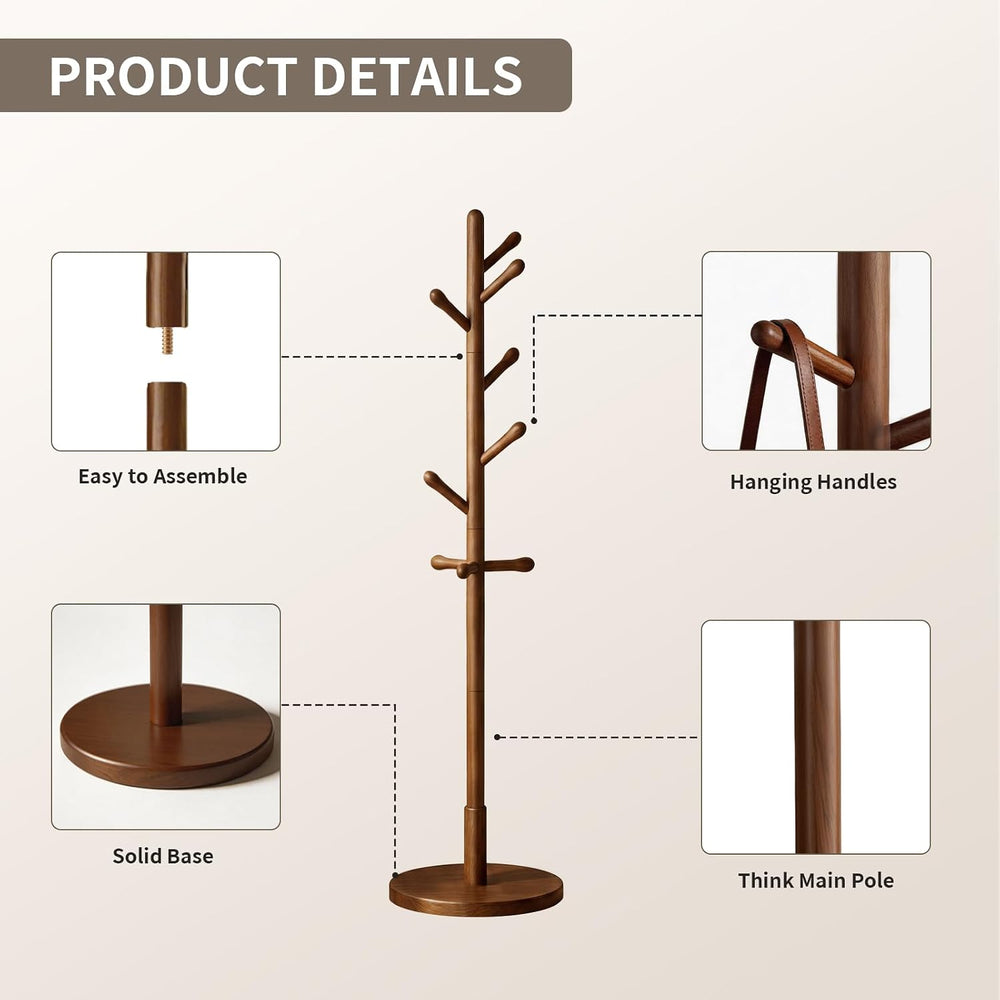 Solid Wood Coat Rack Freestanding with 9 Hooks - Wooden Coat Rack Stand for E...