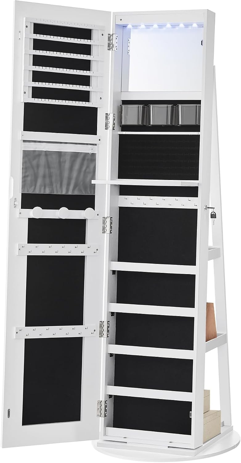 SONGMICS LED Mirror Jewelry Cabinet Standing, Adjustable Lights, Lockable