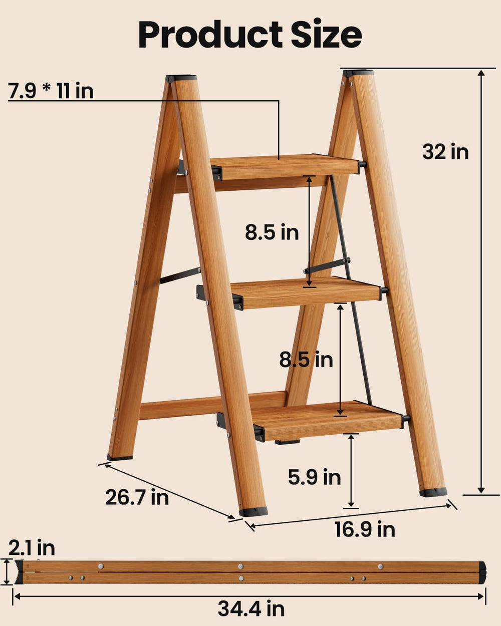 SOLADDER Step Ladder, Folding Step Stool, Lightweight Stepladder, 3 Step, Woo...