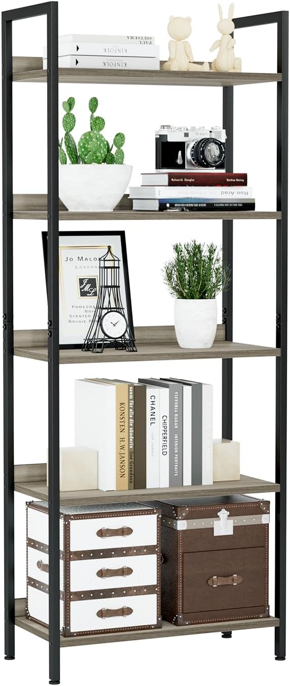 NUMENN Bookshelf, 5 Tier Freestanding Shelving Unit, Grey