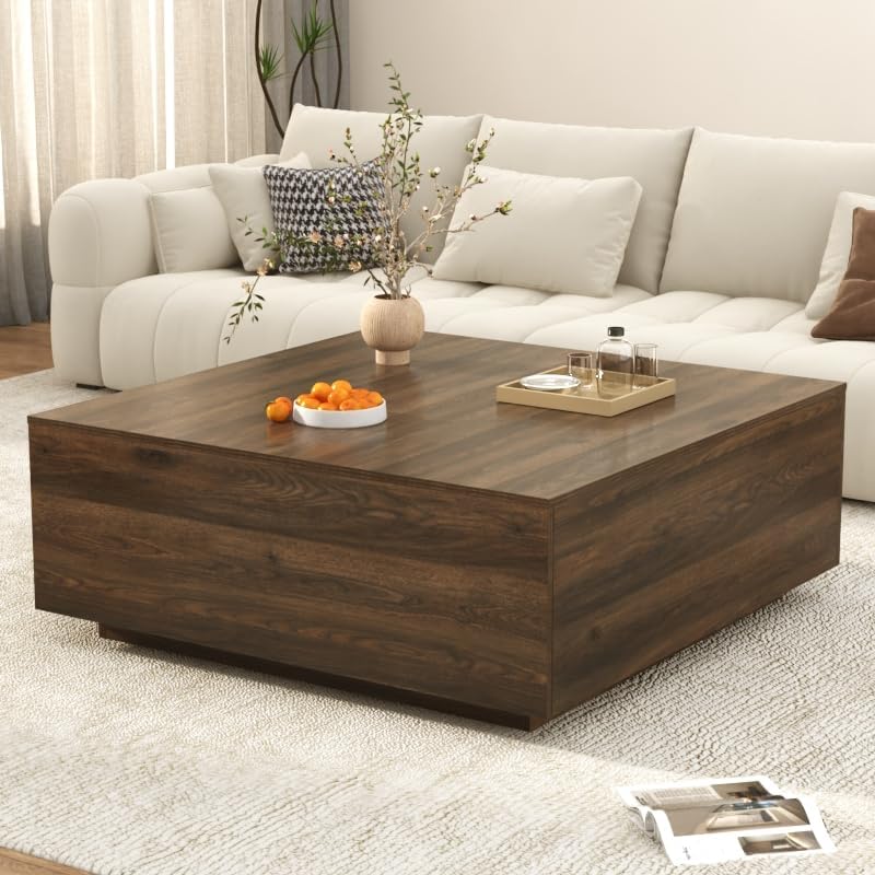 43 Inch Large Square Coffee Table with Storage,Wooden Coffee Table((Walnut)