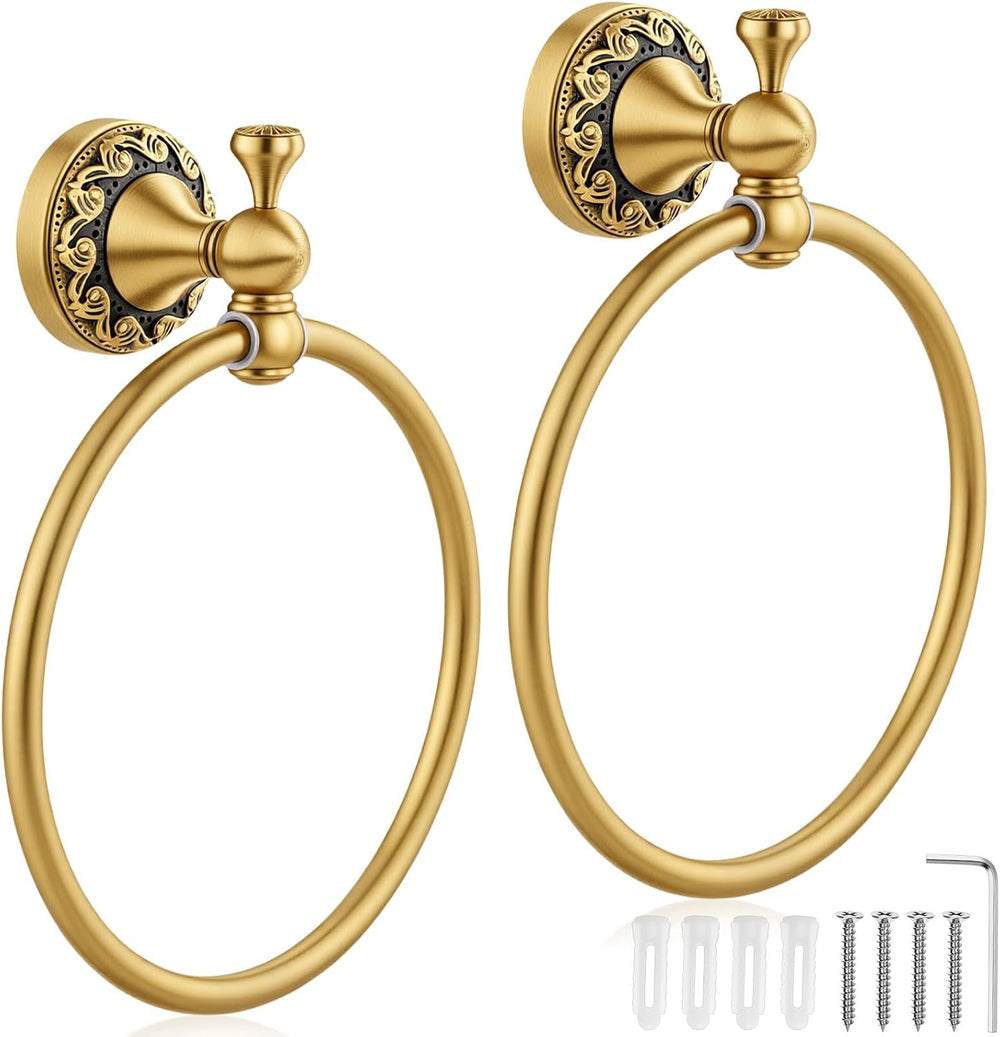 2 Pcs Brass Towel Ring Retro Gold Hand Towel Holder, Embossed Petal Series