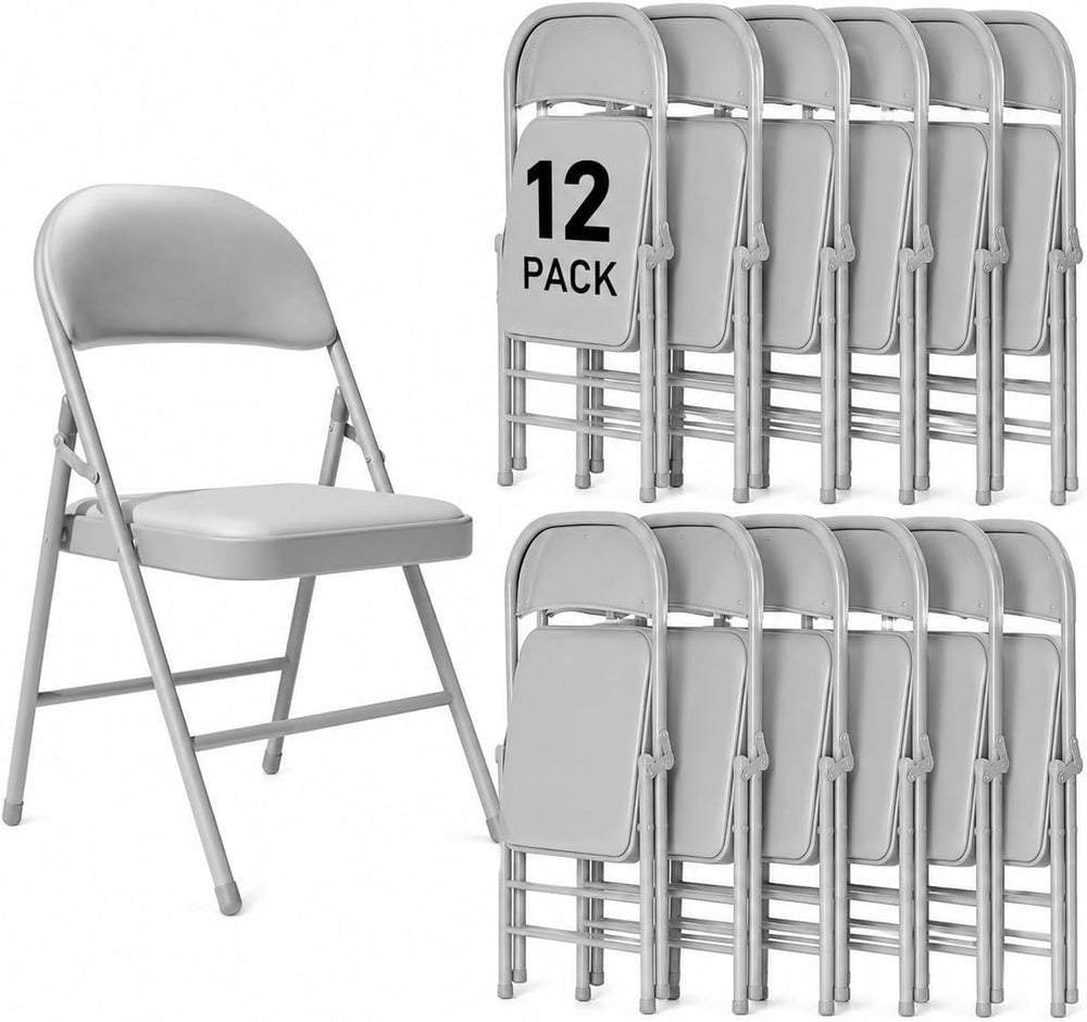 12 Pack Grey Folding Chairs with Padded Cushion adn Metal Frame,350lbs