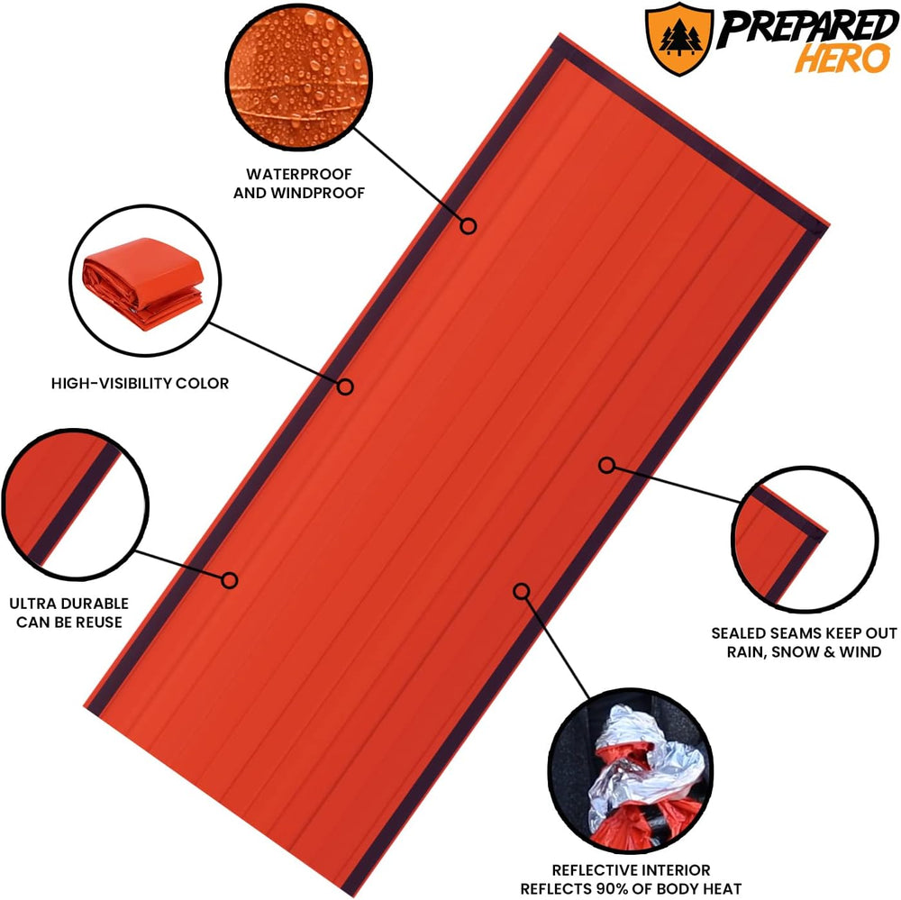 Prepared Hero Survival Bag, Emergency Bivy Sleeping Bag, Orange, 2 Pack