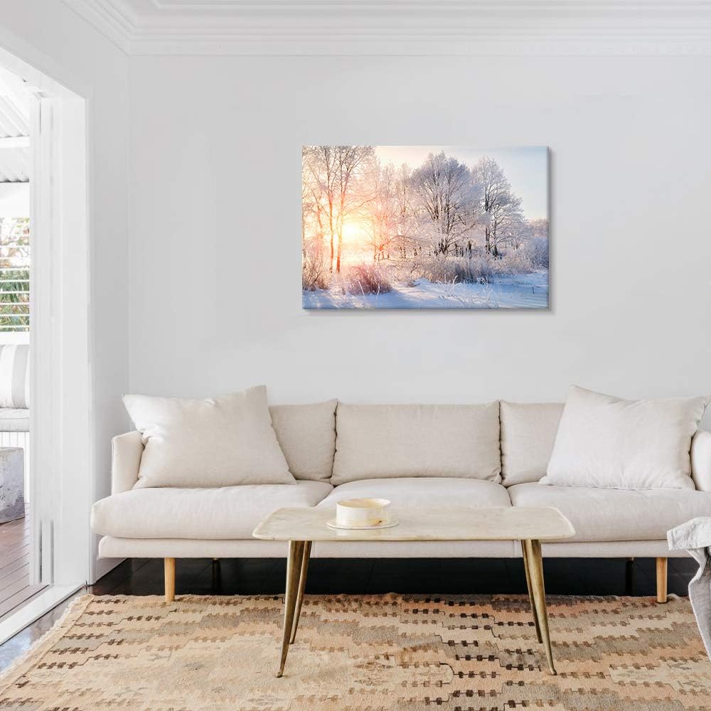 SEVEN WALL ARTS Winter Tree Canvas Wall Art Snow Covered Winter Forest Sunris...