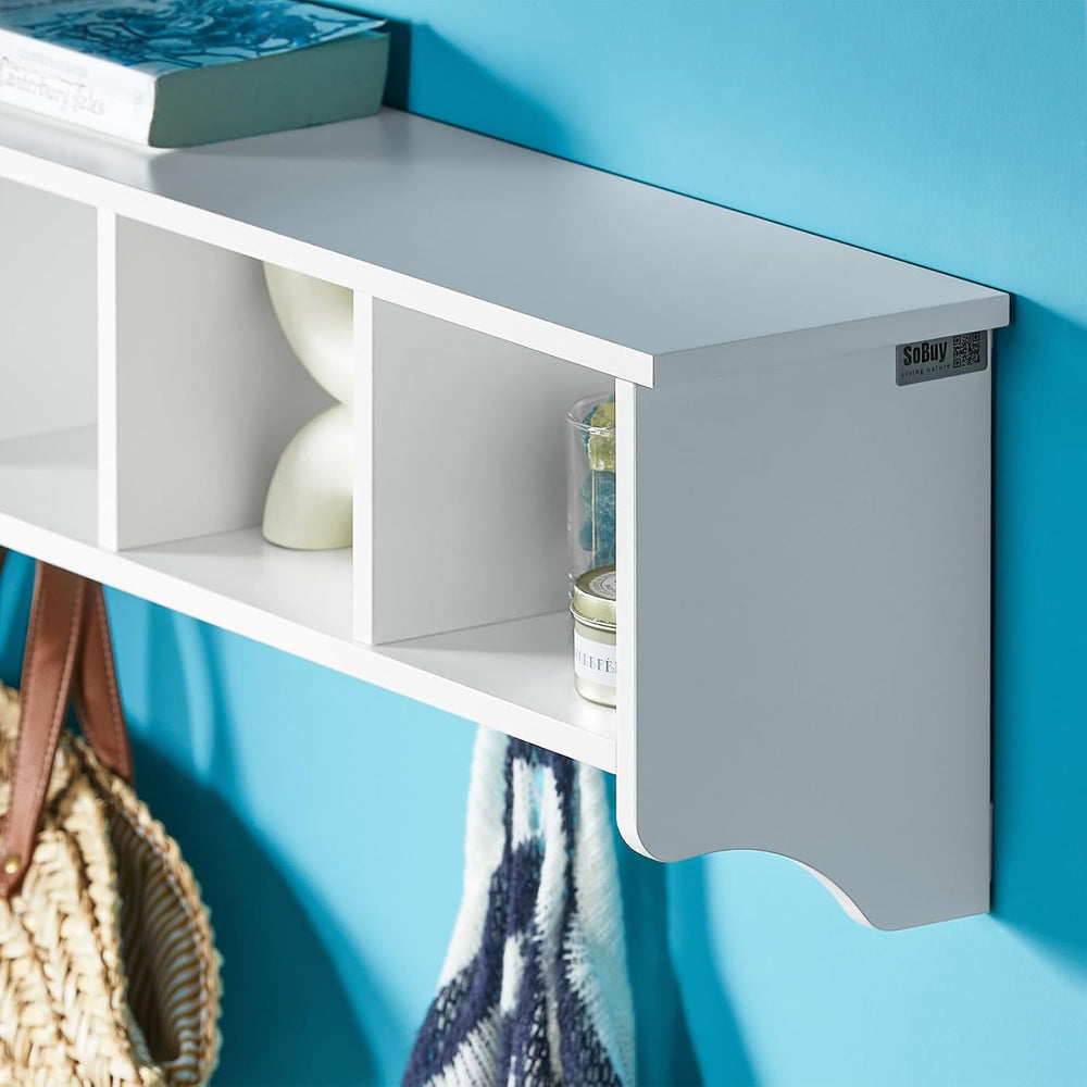 Haotian White Wall Shelf with Coat Hooks, Wall Coat Rack Entryway, Display St...