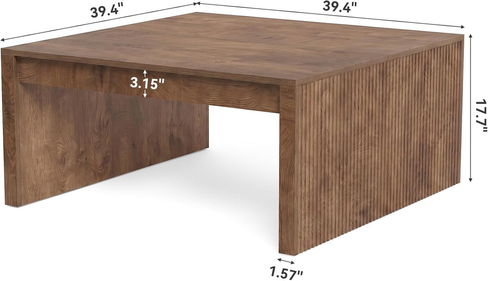 LITTLE TREE 39.4" Square Fluted Coffee Table, Mid-Century Modern Brown C...