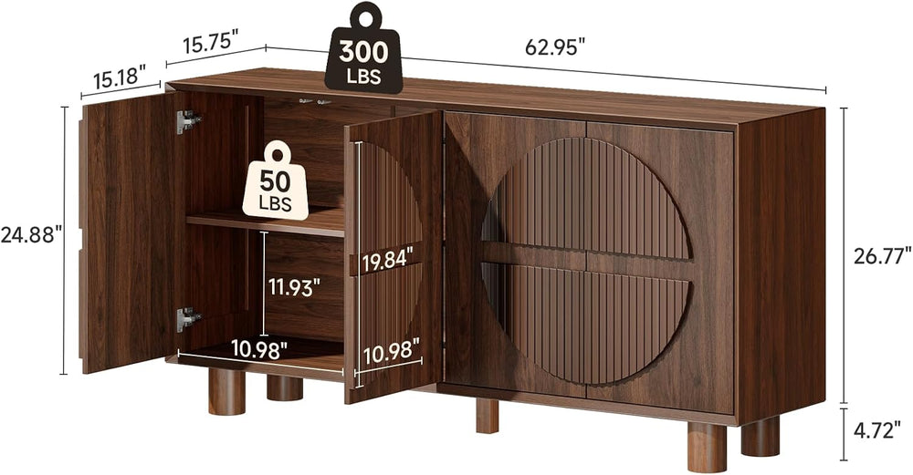ONBRILL 63 Inch Fluted Buffet Cabinet w/Storage, Push-Spring Doors, Walnut