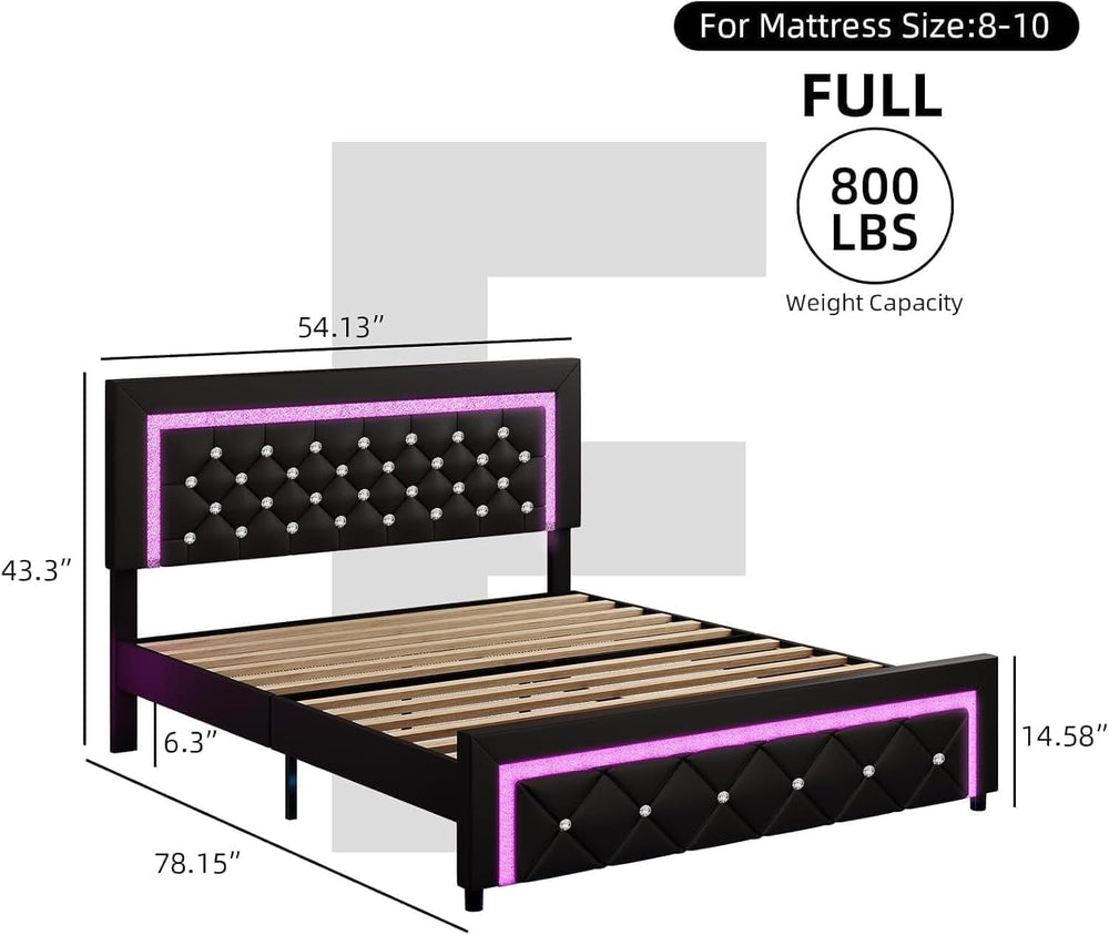 BarnFurin Full Bed Frame with LED Lights, Diamond Tufted Headboard, Black