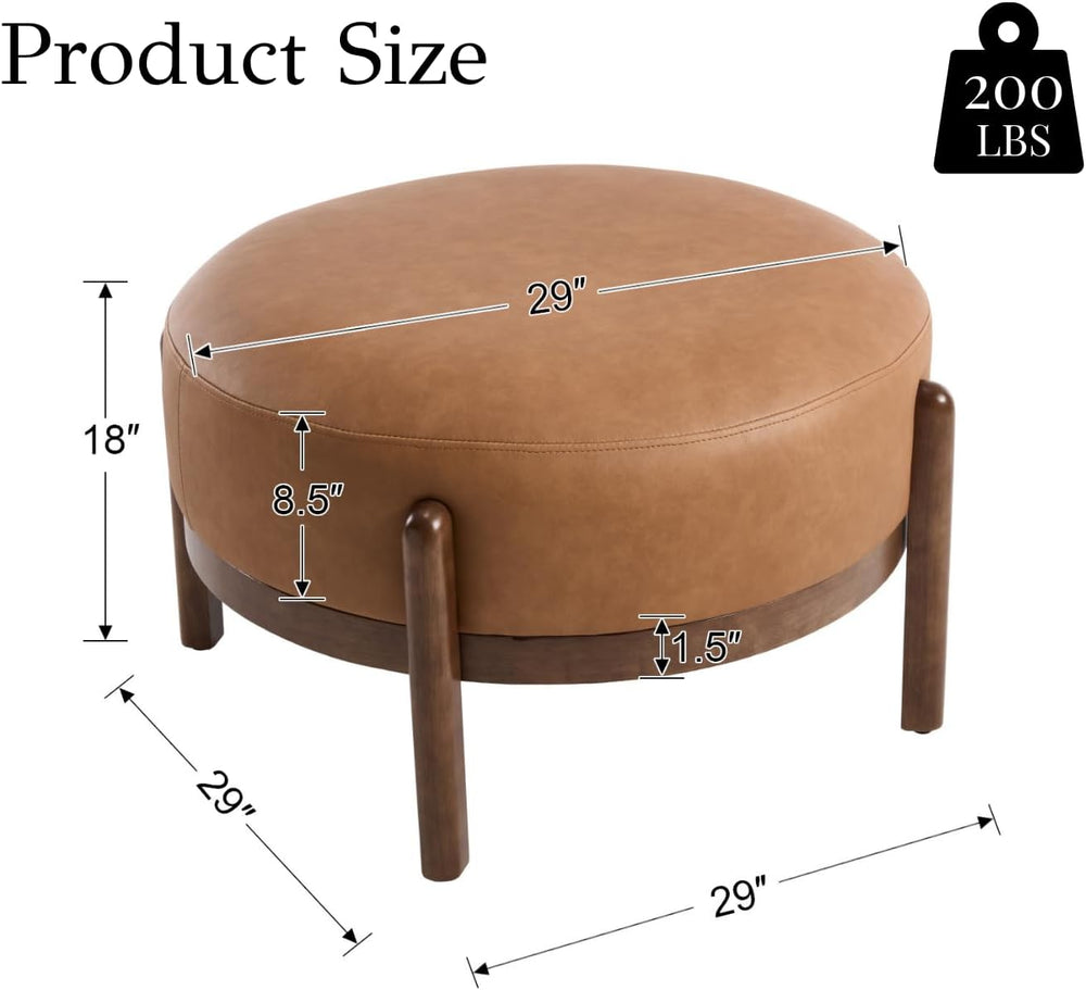 EALSON 29" Round Ottoman Modern Leather Upholstered Footstool Mid Centur...