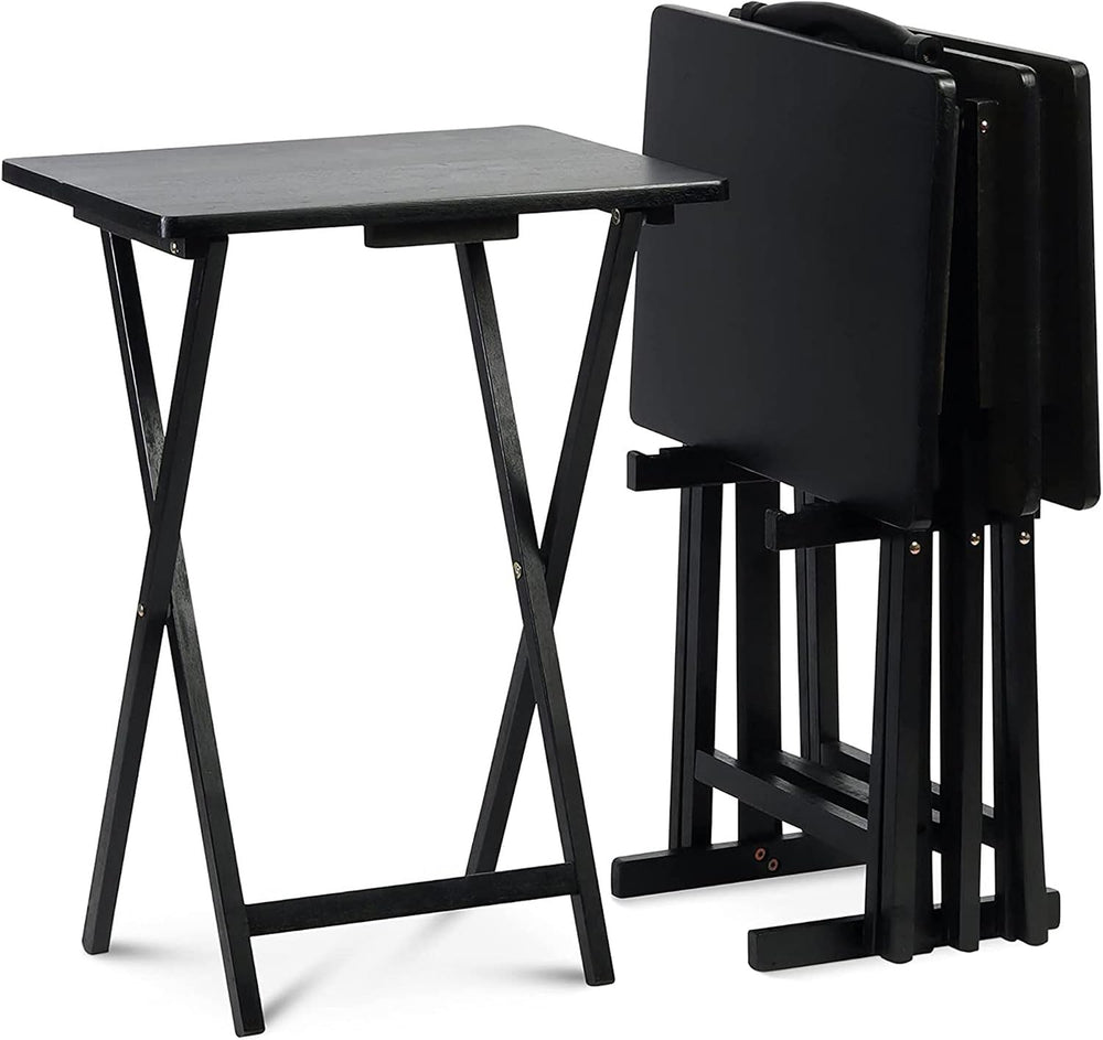 PJ Wood - Folding TV Tray Table Set - 5-Piece with Rack, Black