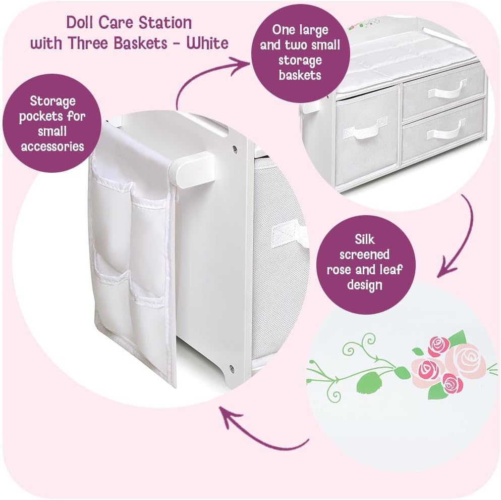 Badger Basket Doll Care Station with Storage Baskets - White/Rose