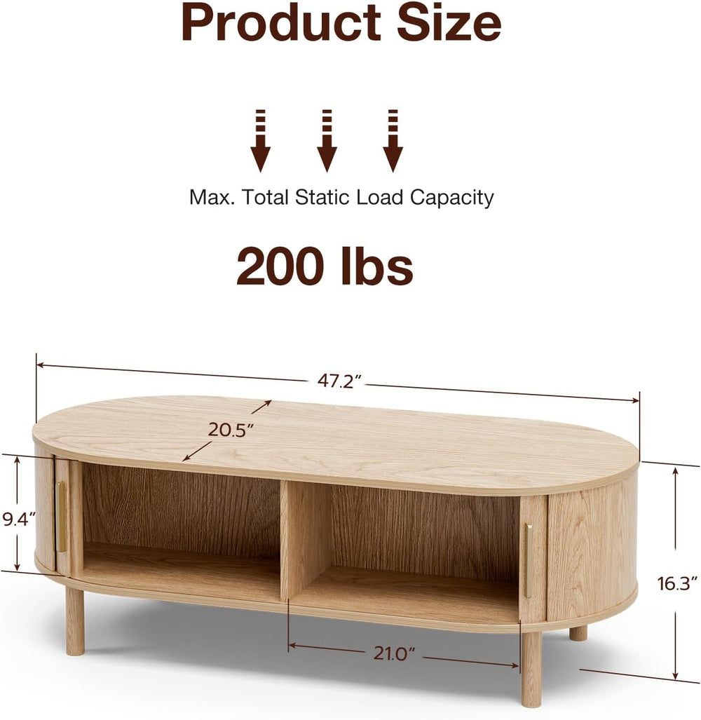 ZttRiee Oval Coffee Table with Sliding Doors, Modern, Natural
