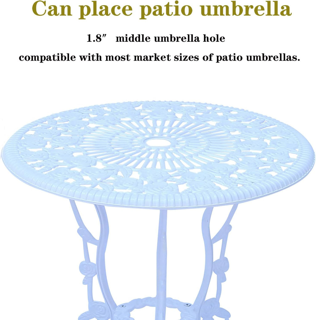 3-Piece Cast Aluminum Outdoor Bistro Set, Outdoor Table and Chairs Set of 2 with Umbrella Hole for Patio Garden Park(White, Rose)