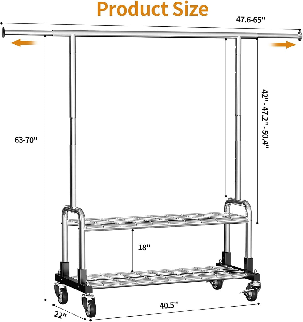 Luxspire Rolling Heavy Duty Clothes Rack with 2 Sturdy Shelves Load 600 LBS