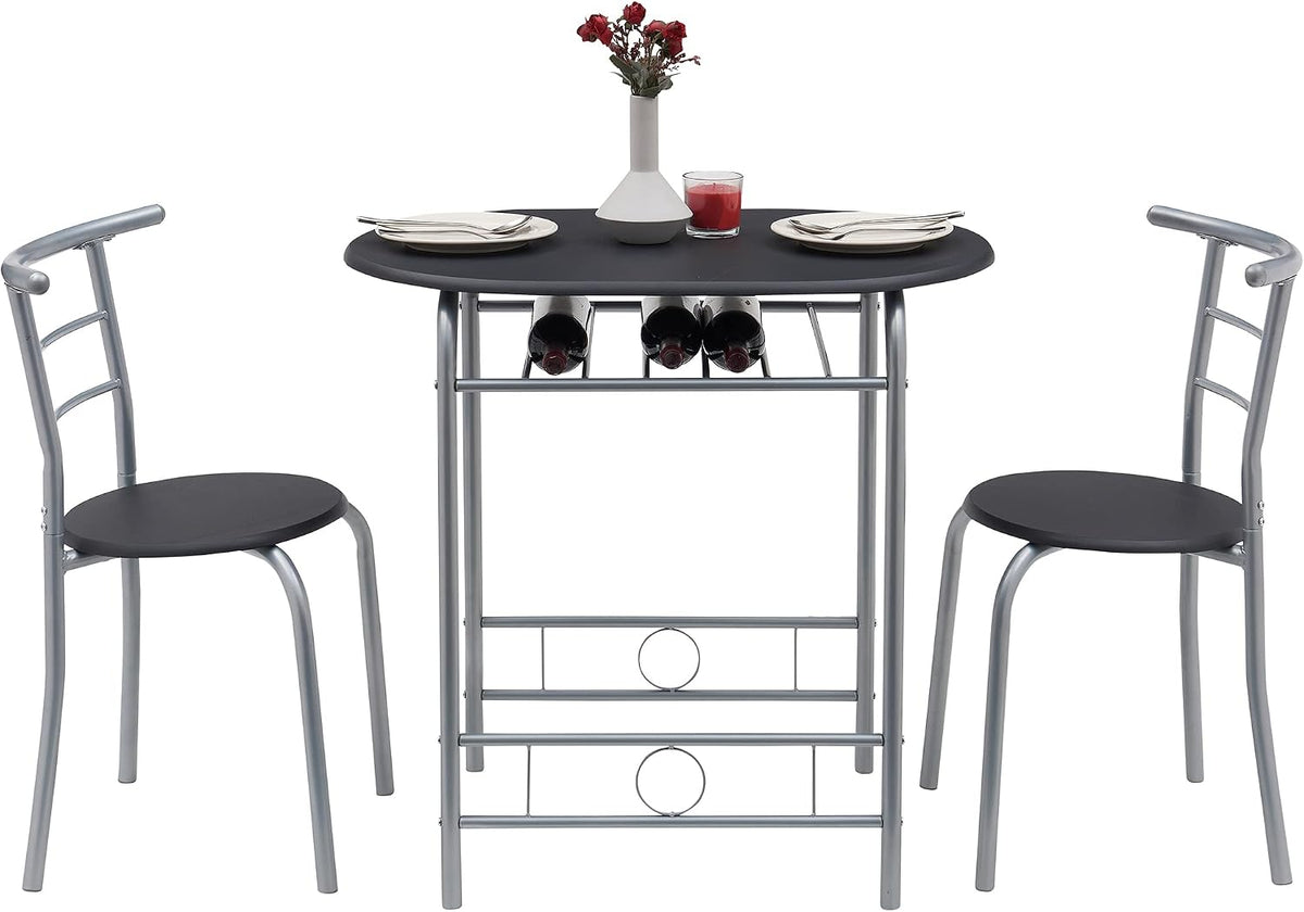 VECELO 3 Piece Wood Round Table & Chair Set for Dining Room Kitchen Bar Breakfast, with Wine Storage Rack, Space Saving, Black