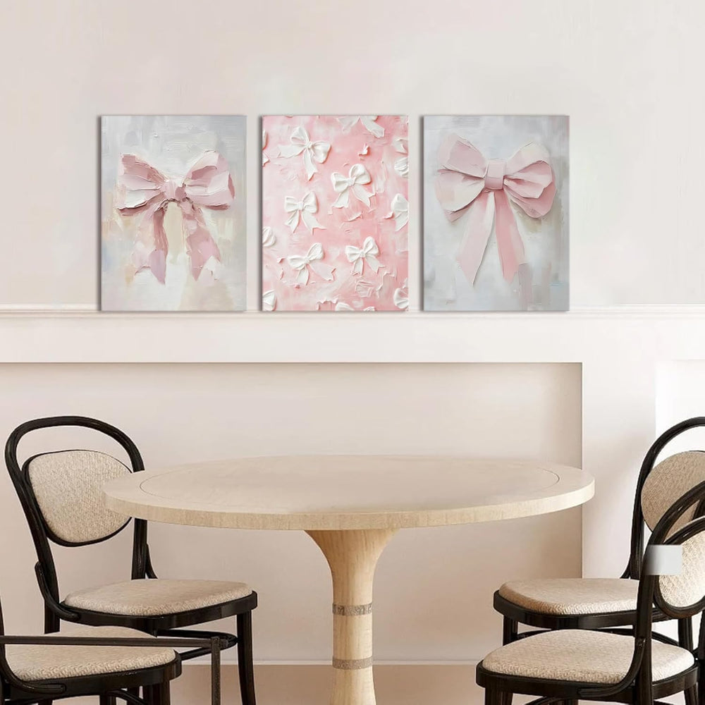 Pink Bow Canvas Wall Art Set of 3 Coquette Oil Painting Cute Bow Posters Wall...