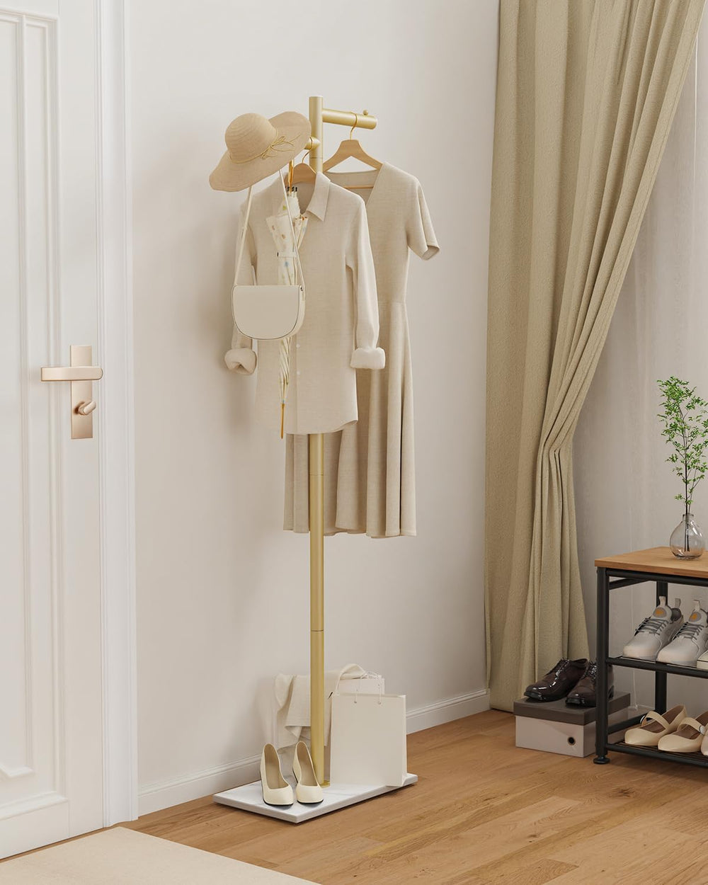 Modern Garment Rack,Z-Shaped Coat Stand with Rock Base,68.9in,Gold