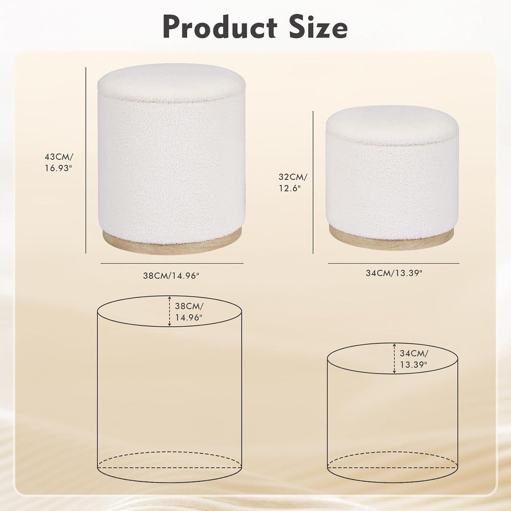 PINPLUS Round Storage Ottoman Set of 2, Cream Boucle Stools with Tray