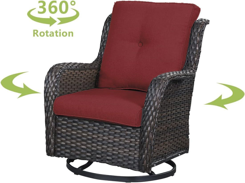 HUMMUH 4 Piece Wicker Patio Swivel Rocker & Ottoman Set, Brown/Red