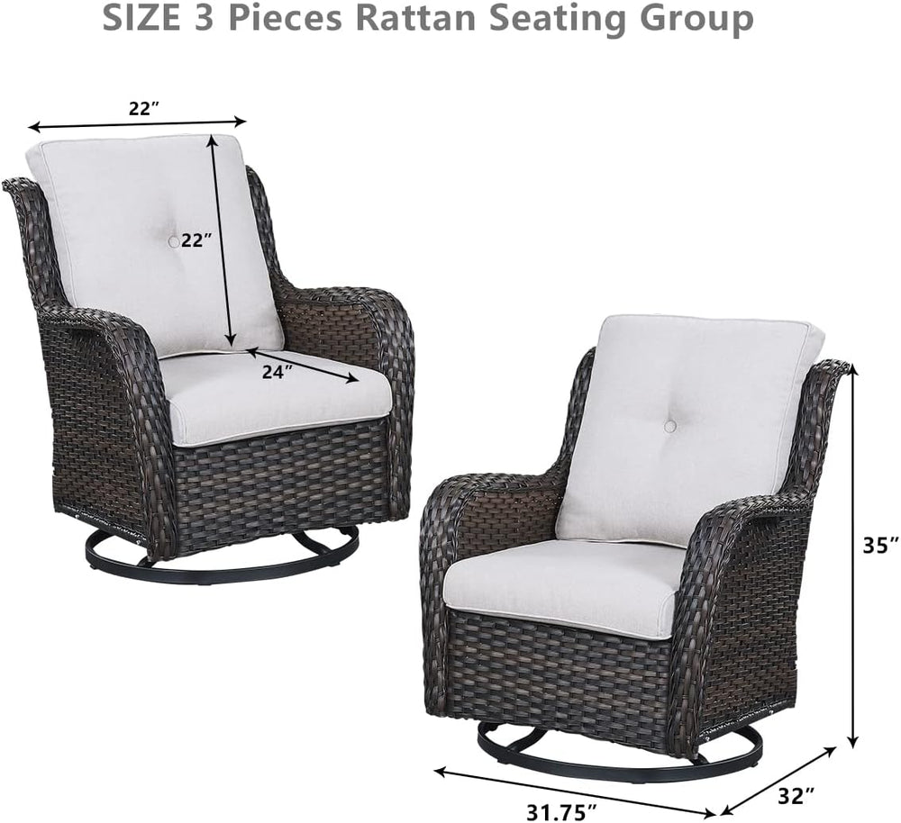HUMMUH 4 Piece Wicker Patio Swivel Rocker & Ottoman Set, Brown/Beige