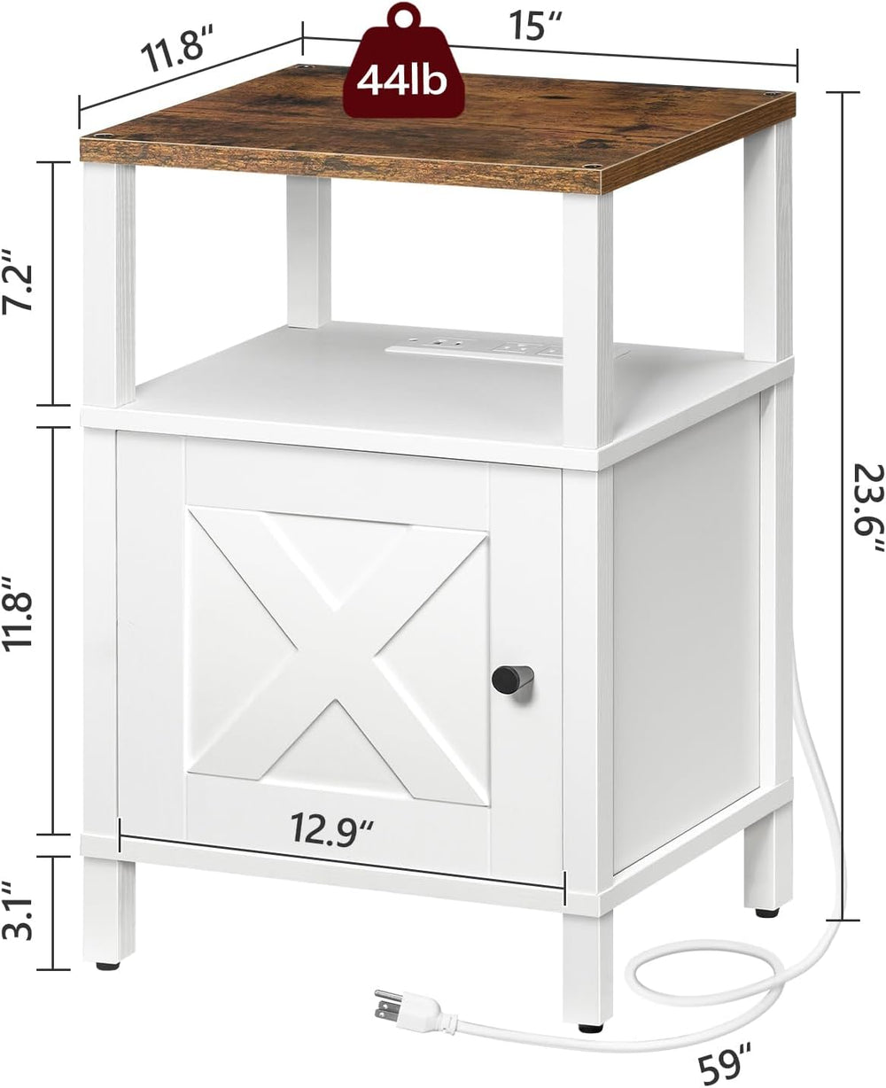 MAHANCRIS Farmhouse Nightstand with Charging Station, White Night Stand End T...