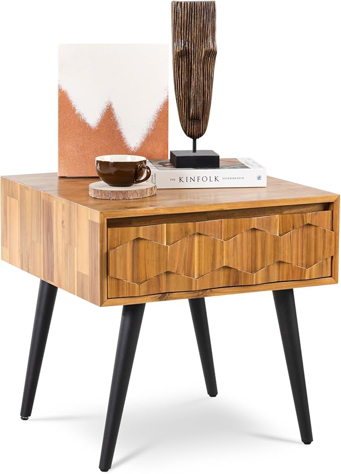 Bme Georgina Solid Wood Nightstands with Drawers - Fully Assembled Rustic Geometric Pattern Bedside Cabinet - Mid Century Modern Side Table for Living Room, Bedroom