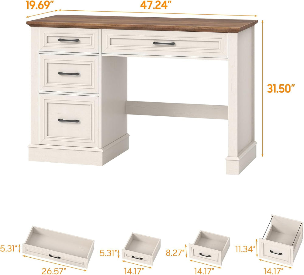 Vabches Farmhouse 47" Executive Desk with 3 Drawers, Unique White