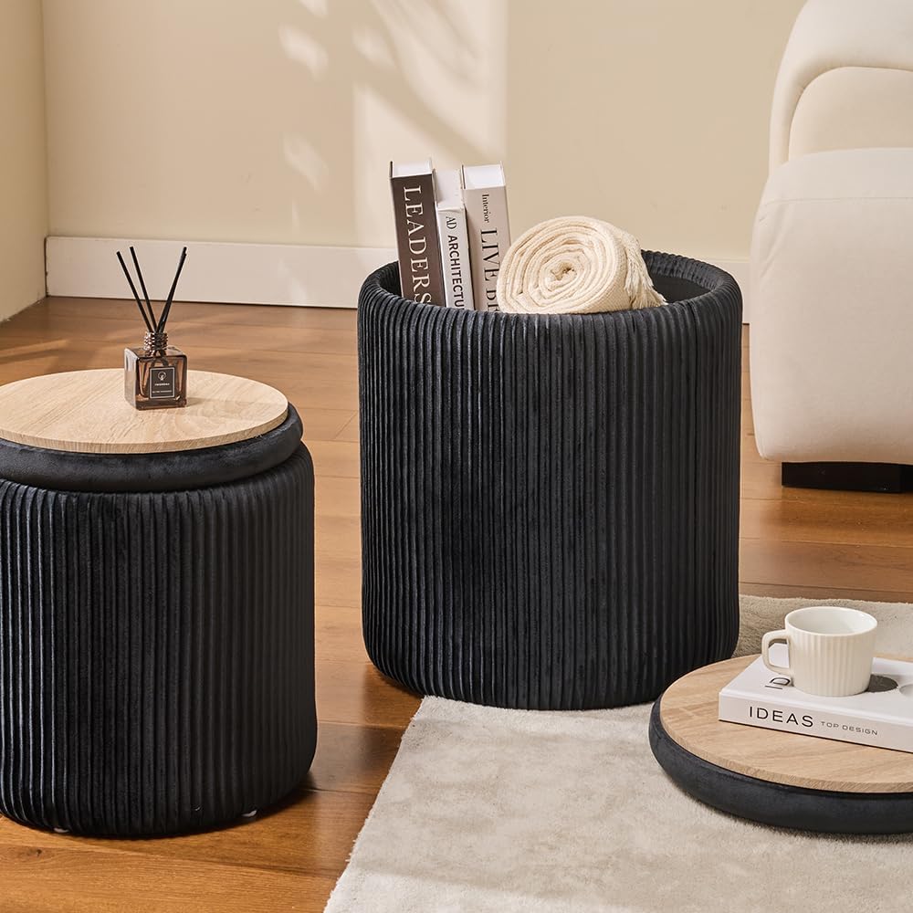 BLEXA Round Ottoman with Storage, Set of 2, Velvet Vanity Stool, Black
