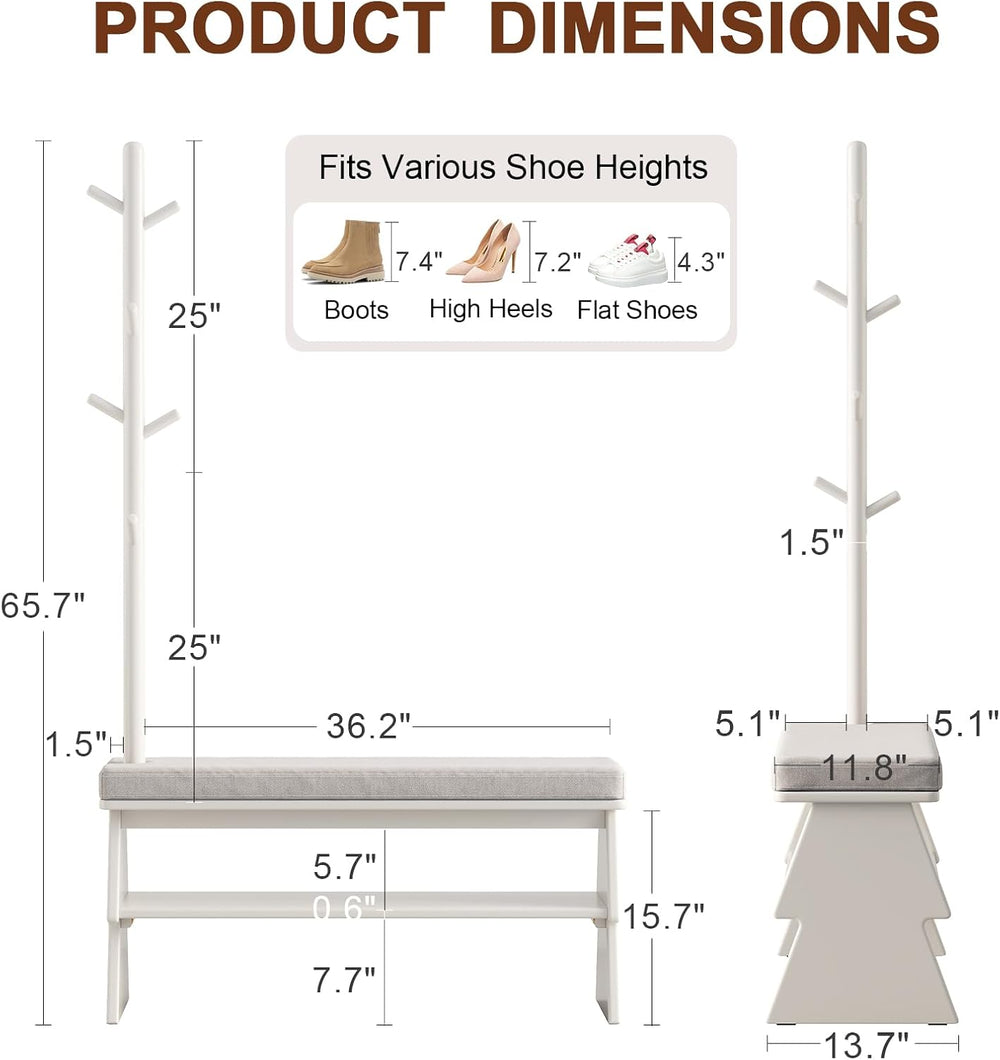 Coat Rack with Shoe Storage, Shoe Rack with 8 Hook, White
