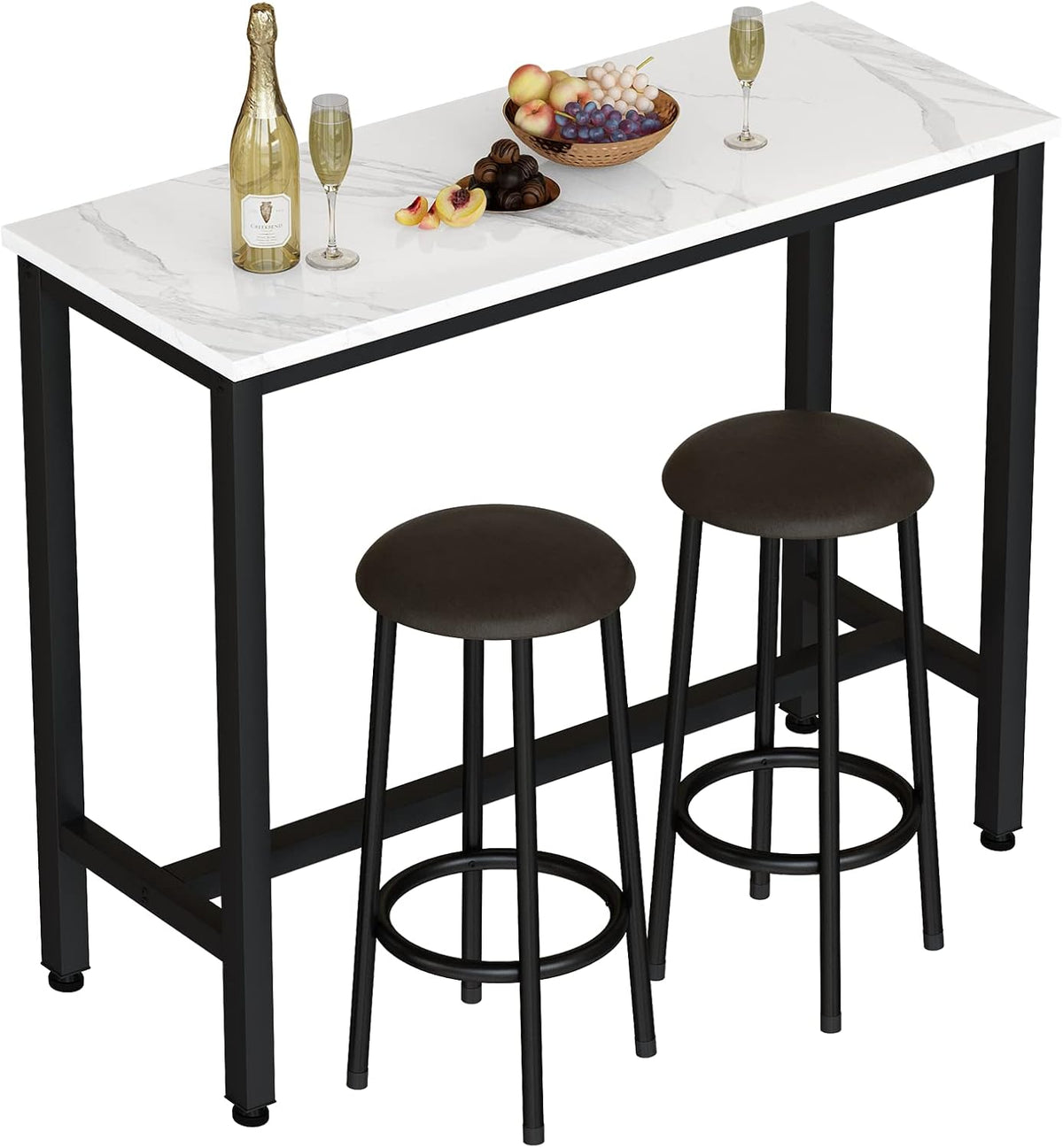 AWQM 47.2" Bar Table Set of 2,Faux Marble Pub Height Table and Chairs Set of 2 with Upholstered Stools,3 Piece Bar Table and Chairs Set Dining Table Set for Living Room,Kitchen,Bar,White & Brown