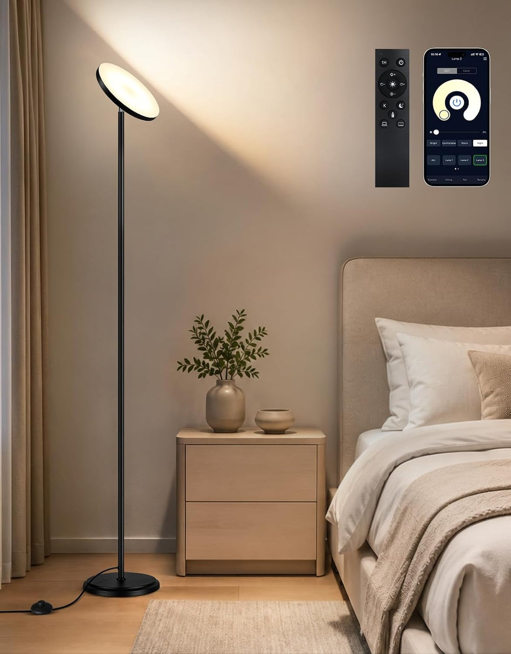 OUTON 69" LED Floor Lamp, Dimmable Torchiere Floor Lamp with Remote, Black