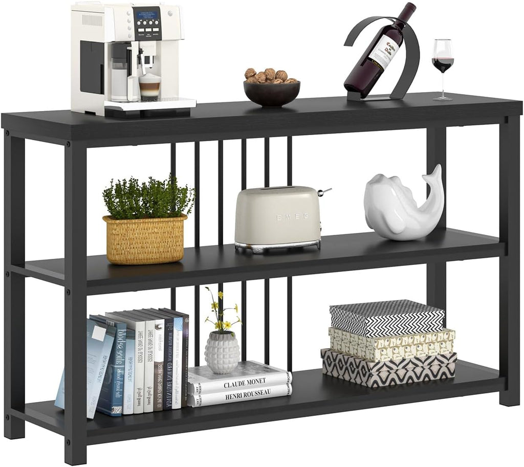 FOLUBAN Entryway Table, Modern Sofa Console Table with 3 Tier Storage Shelf for Living Room Hallway Foyer, Industrial Black Oak