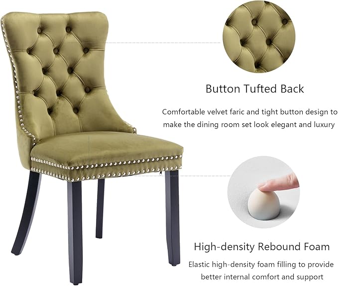 Velvet Dining Chairs Set of 4, Tufted Upholstered Wingback with Back Ring Pull Trim, Solid Wood Legs (Olive Green) for Dining, Living, Kitchen