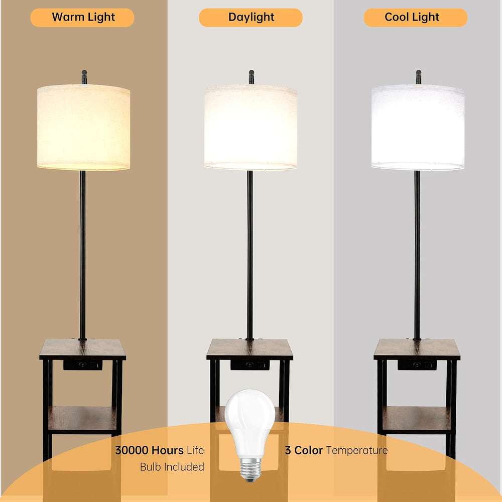 Qupui Floor Lamp with Table, USB Charging, Fabric Basket, Brown