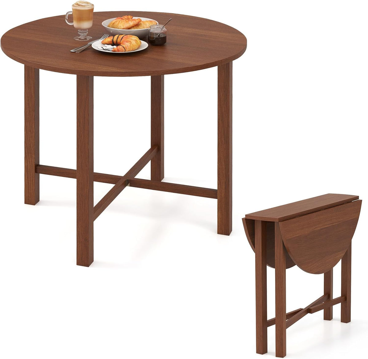 GIANTEX 36" Folding Dining Table for 2-4, Extendable Drop Leaf Kitchen Table with Solid Rubber Wood Frame, Space-Saving Round Dinner Table for Small Space, Living Dining Room, Dinette, Walnut