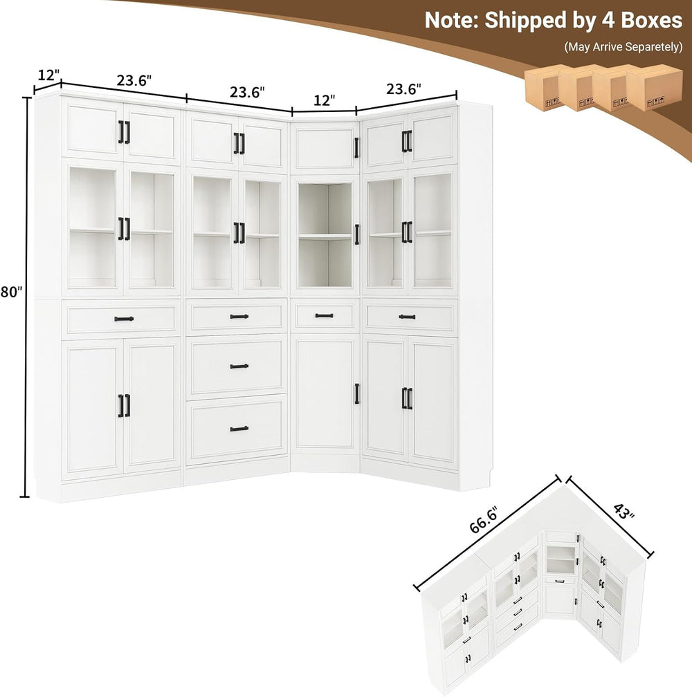 Unikito 80" Tall Corner Cabinet with Glass Doors and Adjustable Shelves