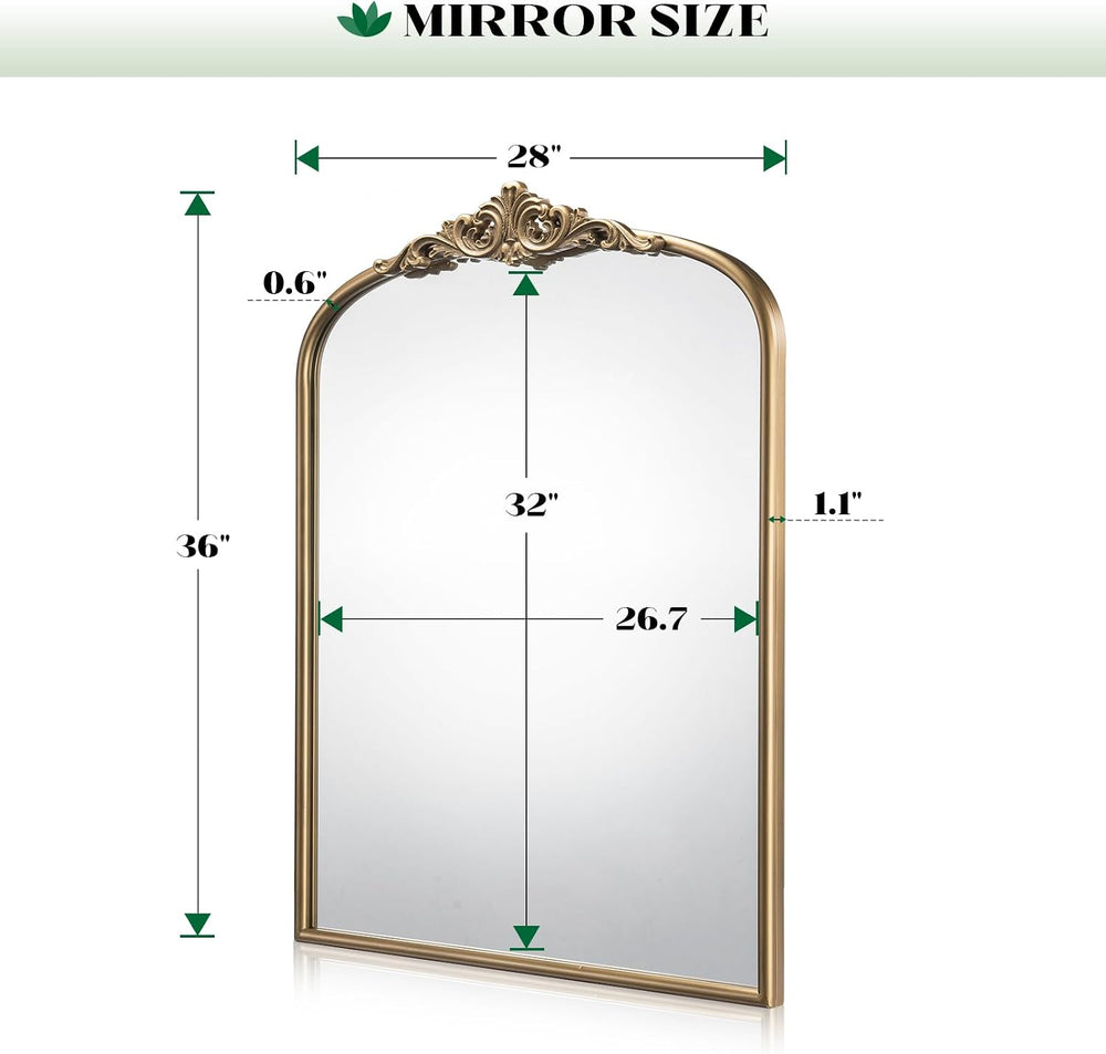Arched Antique Gold Wall Mirror, 28"x36" Vintage Bathroom Mirror