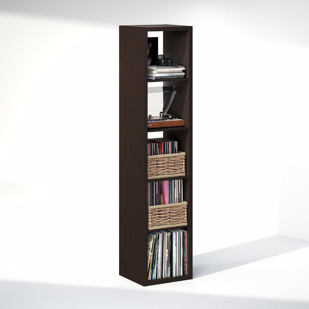 Furinno Cubicle Record Player Stand, 5-Cube Record Storage, Dark Oak